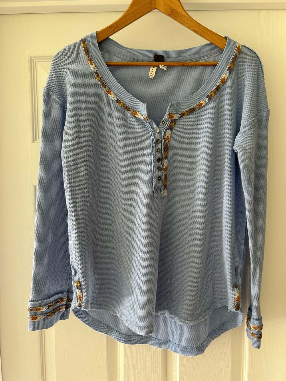 We The Free Size L Blue Thermal Henley Shirt with Embroidered Trim